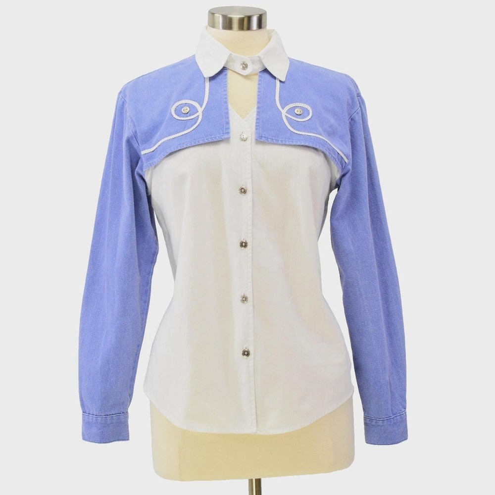 80s Vintage Western Keyhole Top Womens S Embroidered Rodeo Blouse Blue White 90s